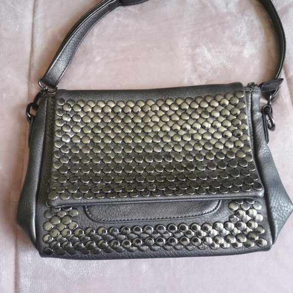 Cocktail Purse MMS Grey Silver Black Studded Crossbody - Picture 1 of 7